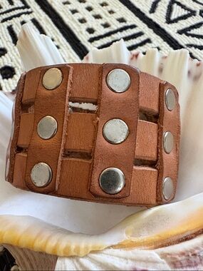 Leather Studded Woven Cuff Bracelet - Brown